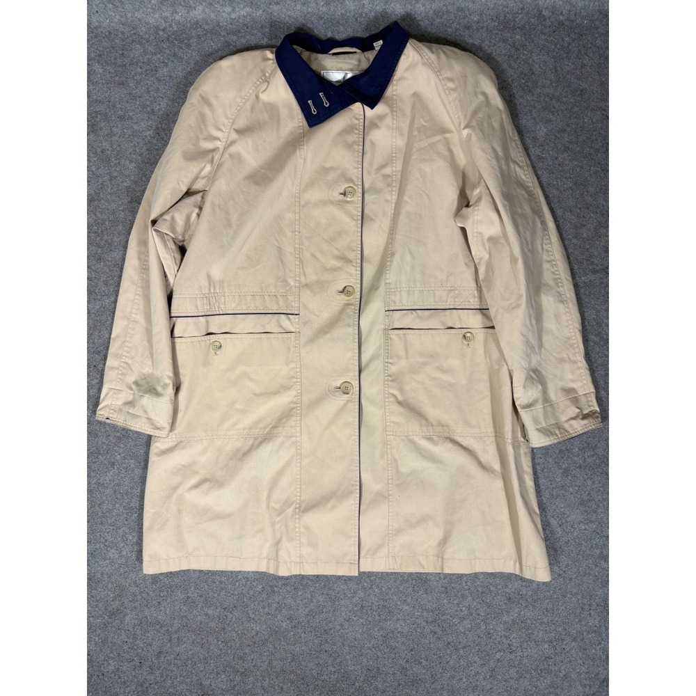 Towne London Fog Womens Tan Trench Coat Navy‎ Collar Button Mid Length Jacket